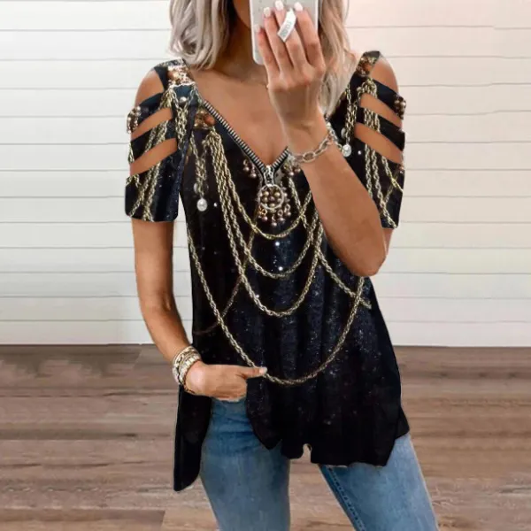 Vintage Western Print Off-The-Shoulder Short Sleeved T-Shirt