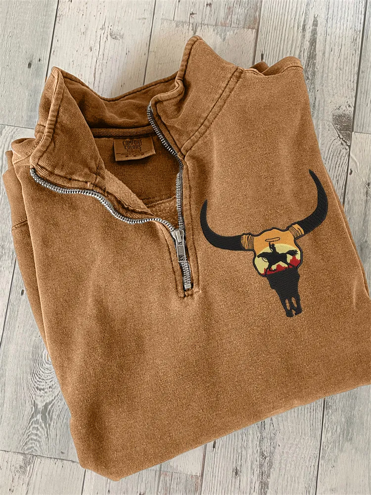 Rodeo Bull Skull Embroidery Art Zip Up Sweatshirt