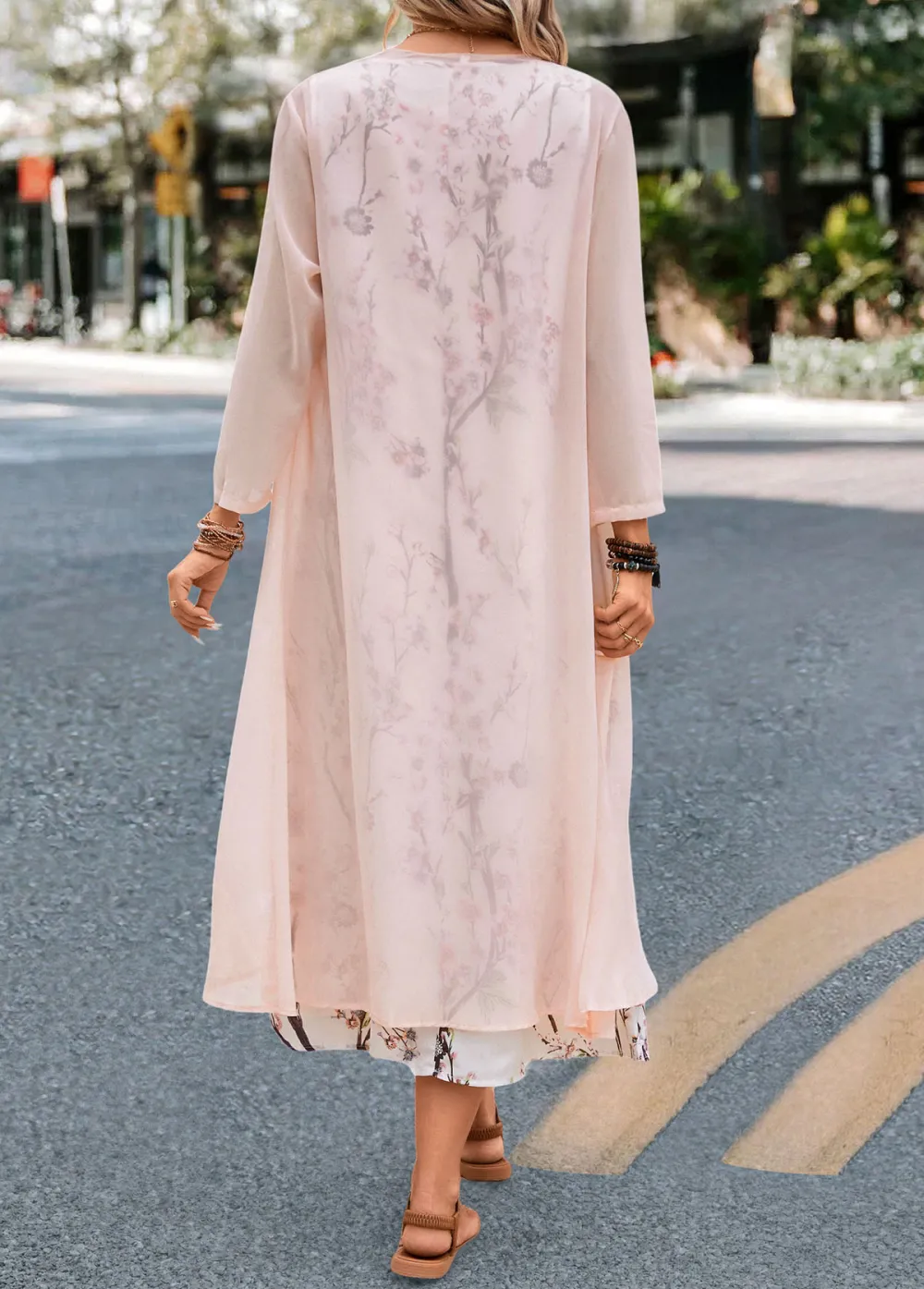 Floral Print Two Piece Pink Maxi Dress and Cardigan