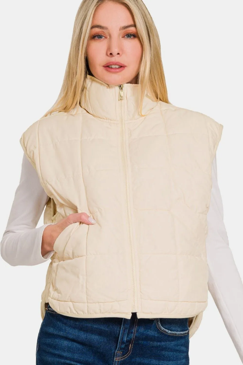 Cropped Puffer Vest - Cream