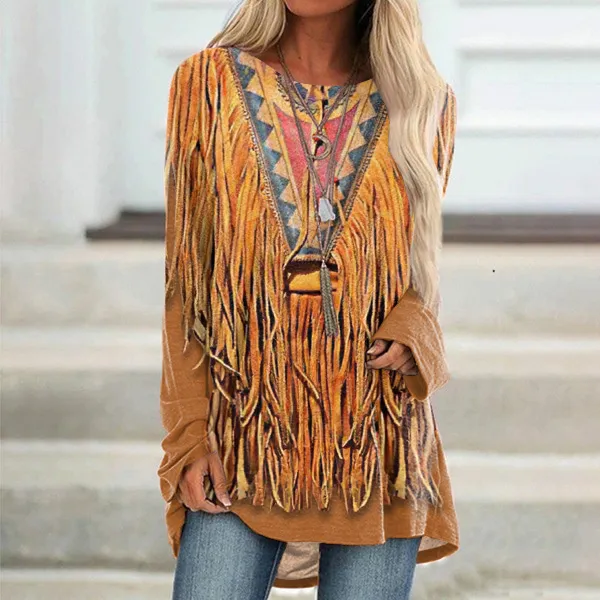 Vintage Western Tassel Print Round Neck Long Sleeves Tunic