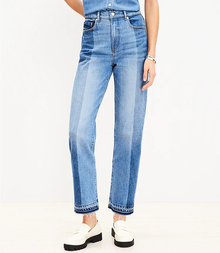 Striped Let Down Hem High Rise Straight Jeans in Original Mid Indigo Wash