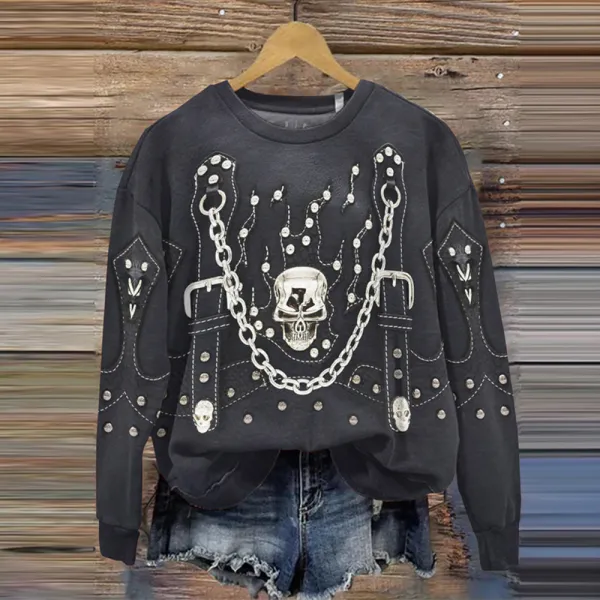 Halloween Western Skull Print Crew Neck Casual Sweatshirt