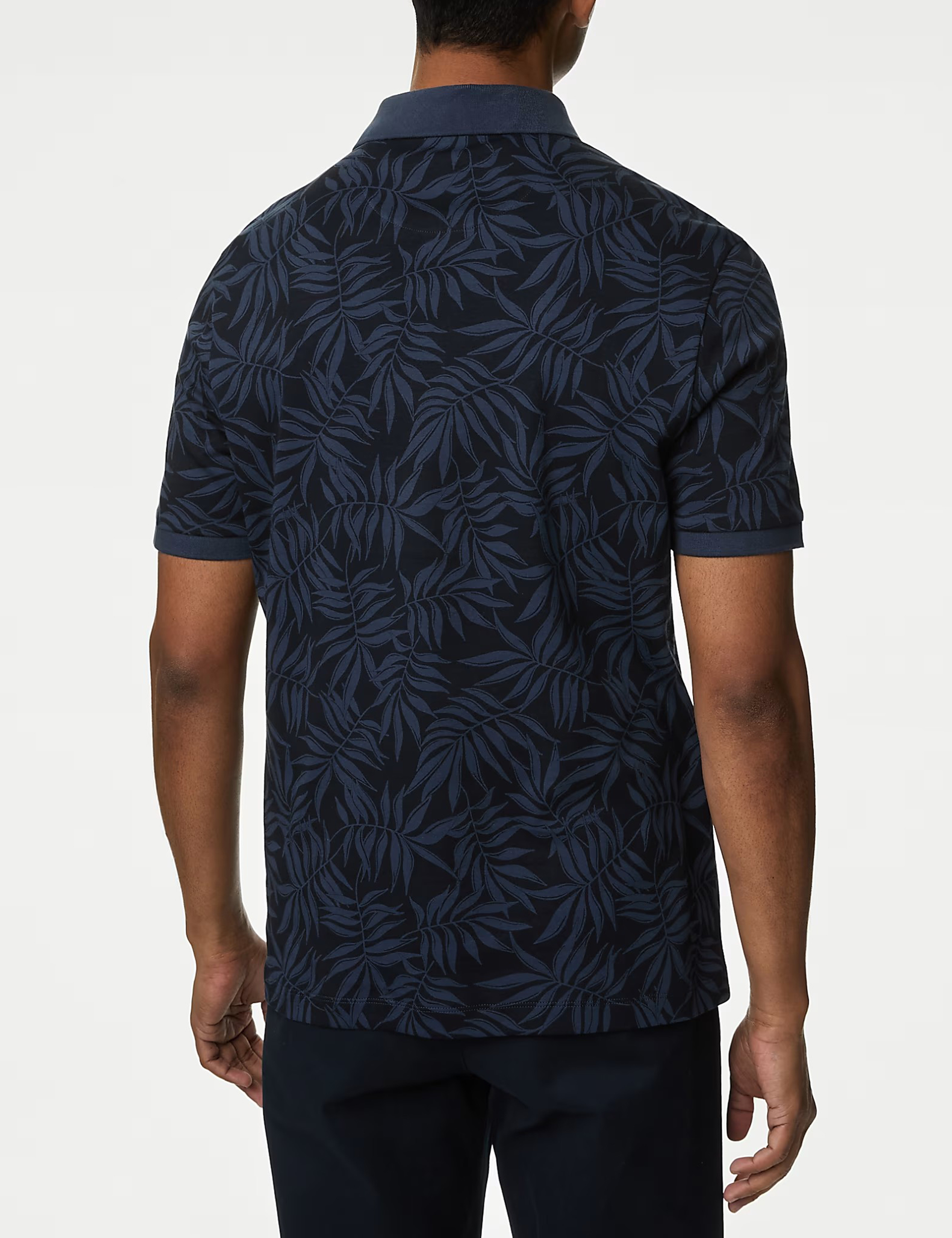 Pure Cotton Leaf Print Black Polo Shirt