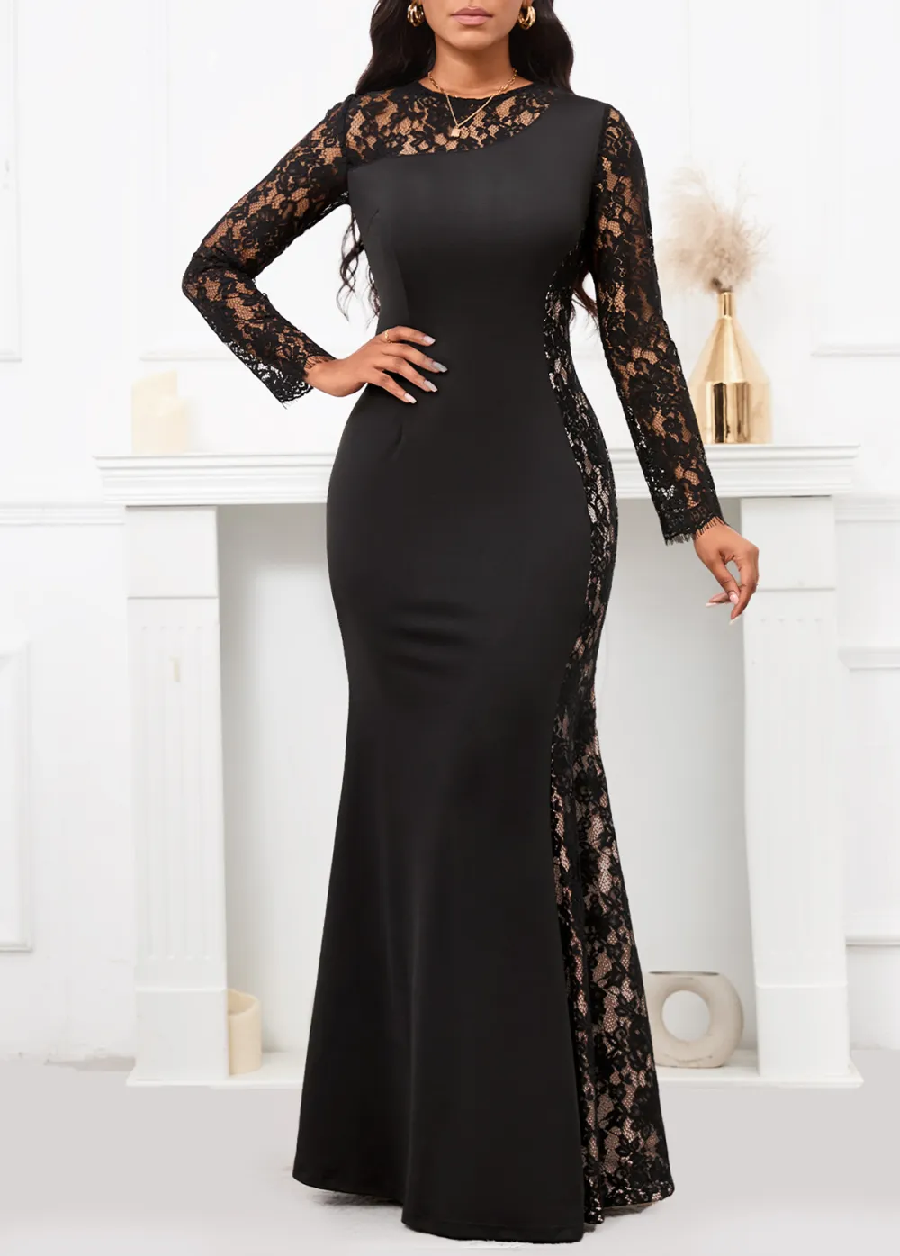 Patchwork Black Long Sleeve Round Neck Maxi Bodycon Dress