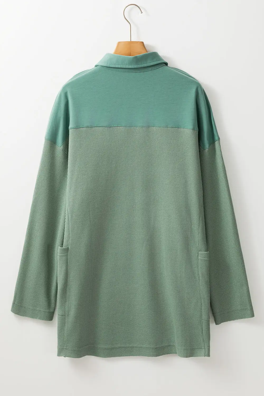 Smoke Green Waffle Patchwork Drop Sleeve Henley Top