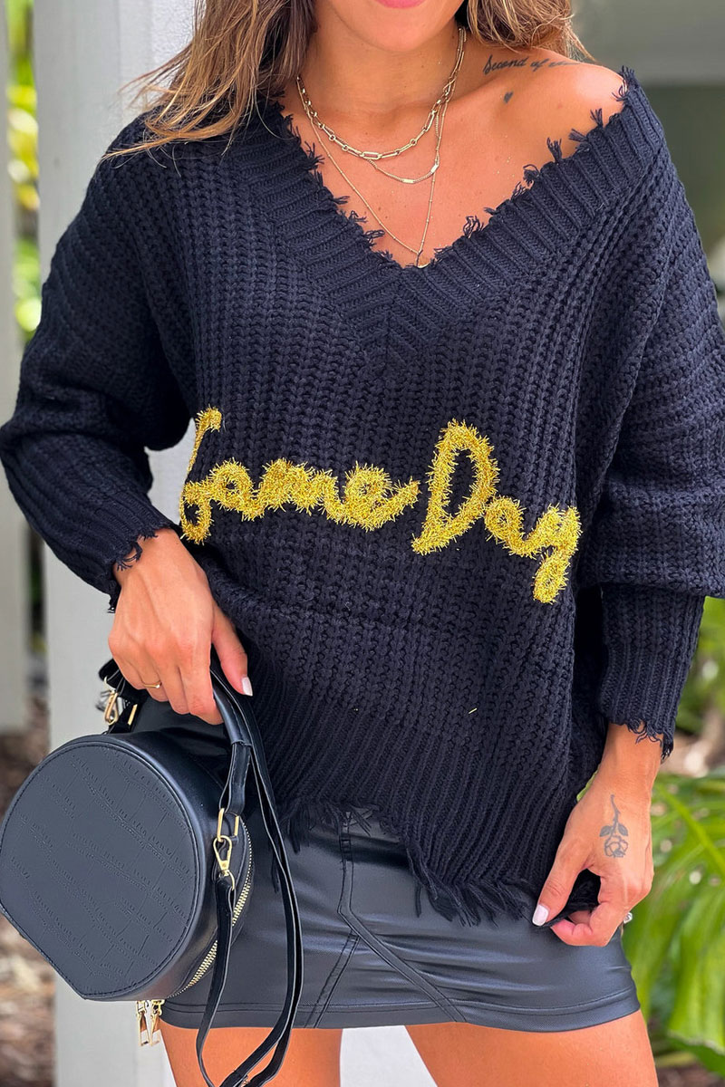 Black V Neck Frayed Game Day Sweater