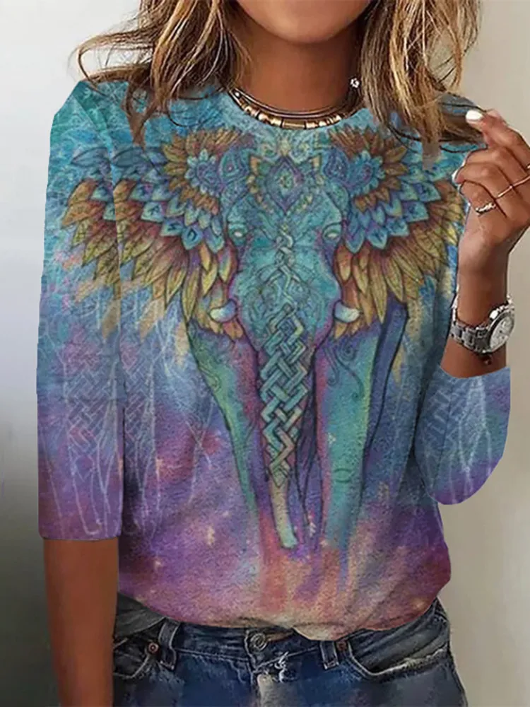 Vintage Gradient Elephant Print Women'S Round Neck T-Shirt