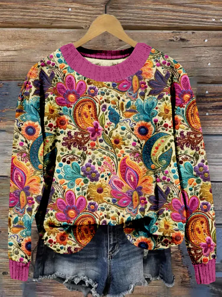 Embroidery Colorful Paisley Pattern Cozy Knit Sweater