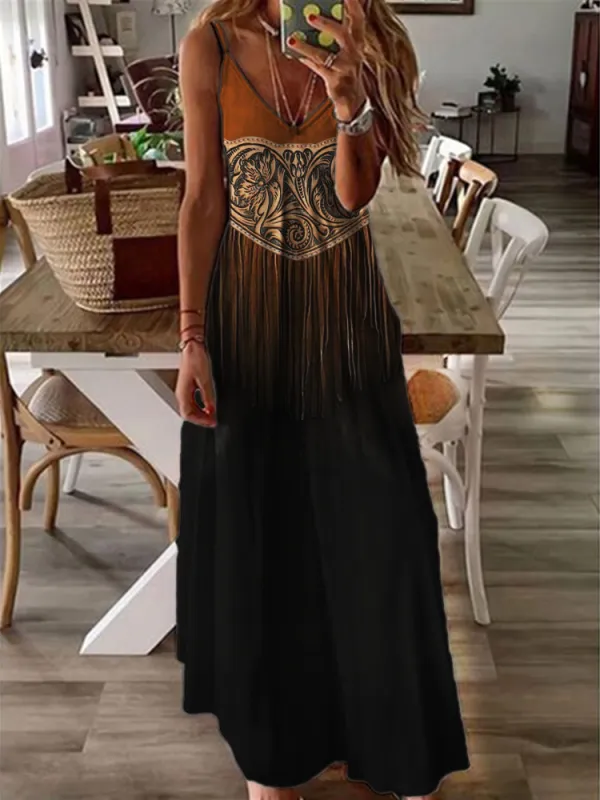 Western Floral Gradient Leather Art Cami Maxi Dress