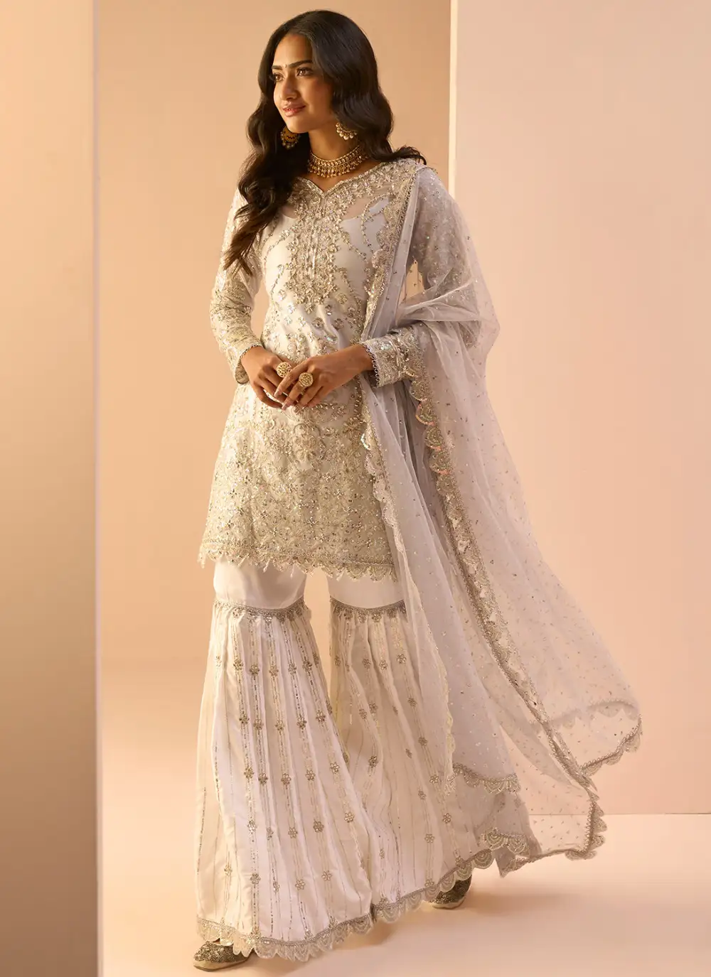 Dusty Blue and White Embroidered Gharara Suit