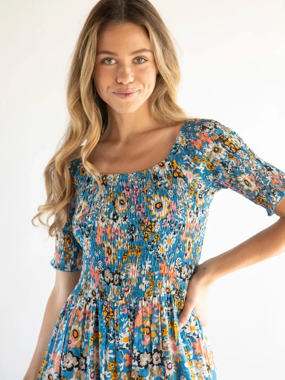 Daisy Tiered Maxi Dress - Blue Tan Floral