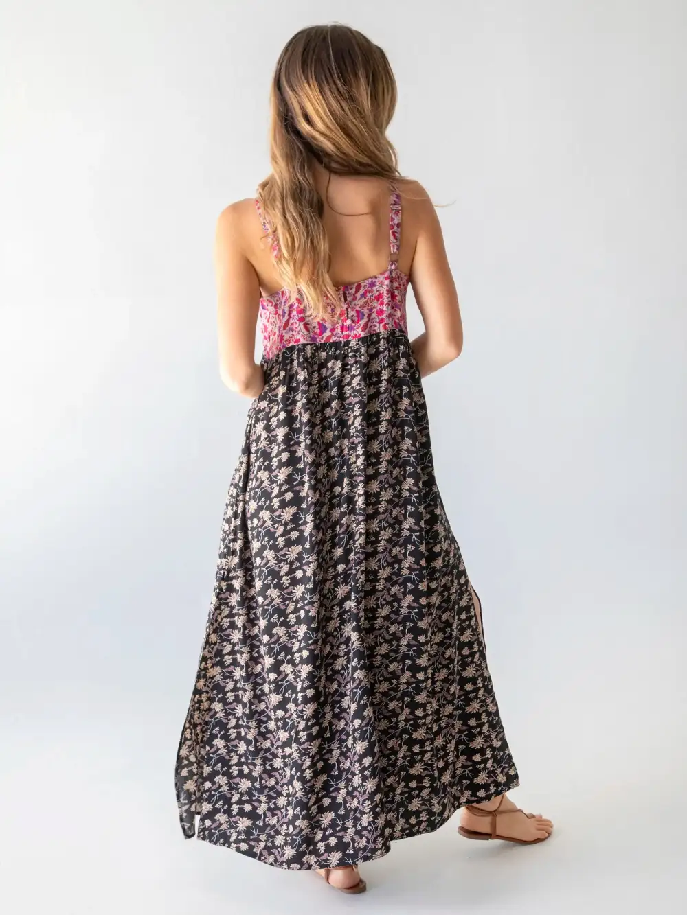 Patti Side Slit Maxi Dress - Pink Black Floral Mix