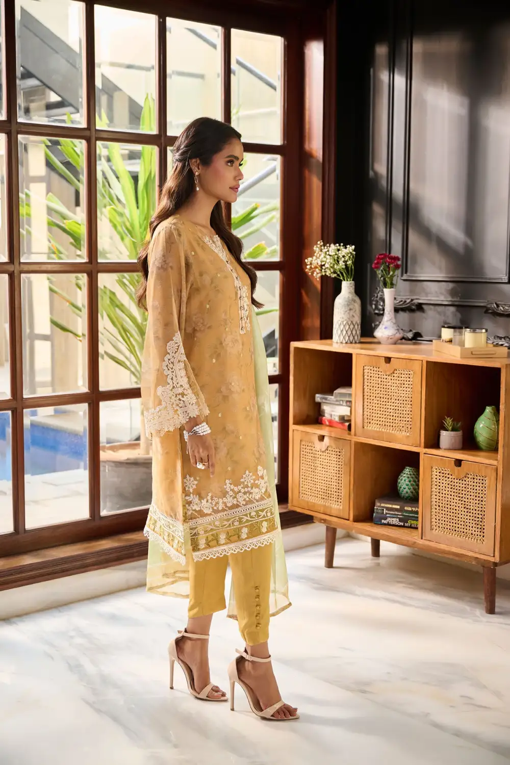 MUSTARD 3PCS  EMBROIDERED KURTA WITH TROUSER