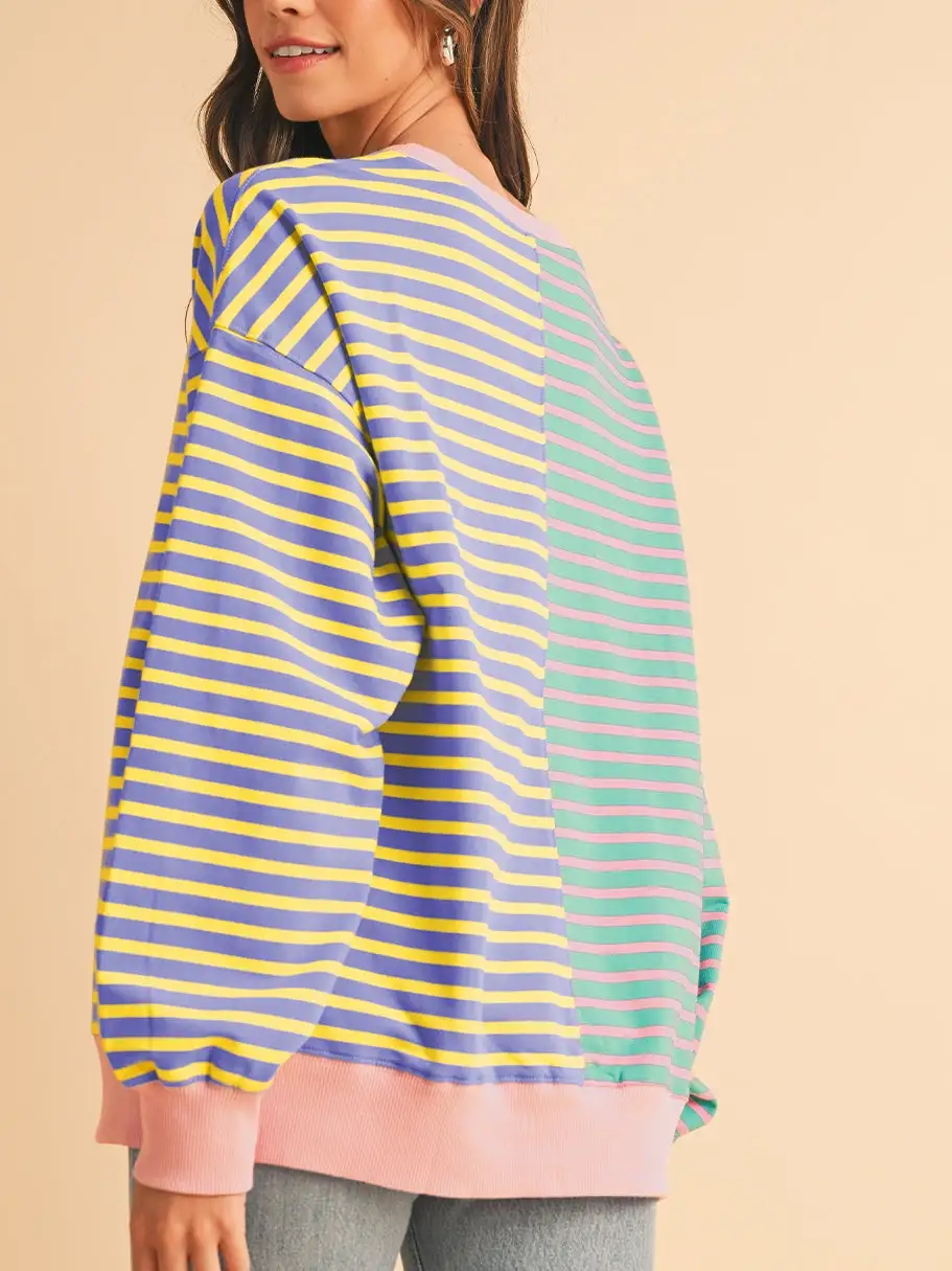 Stripe Colorblock Drop Shoulder Oversize Sweatshirt Pullover