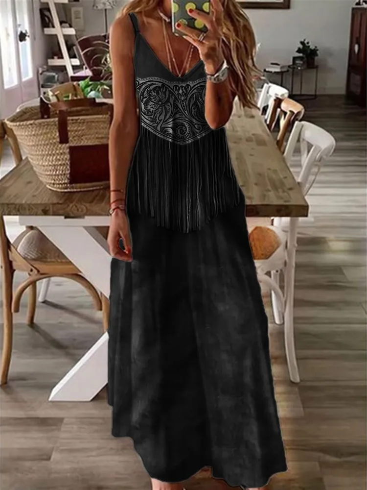 Western Floral Leather Tassels Cami Max Dress