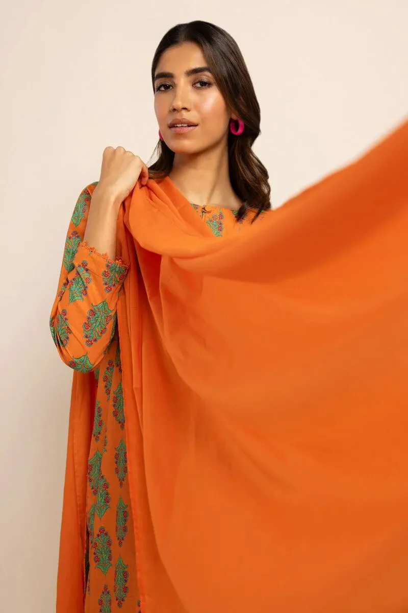 3 Piece Kurta Embroidered | Dupatta& Bottom & Tops | Color Orange