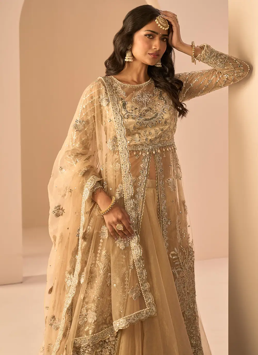 Golden Beige Embroidered Anarkali Style Lehenga