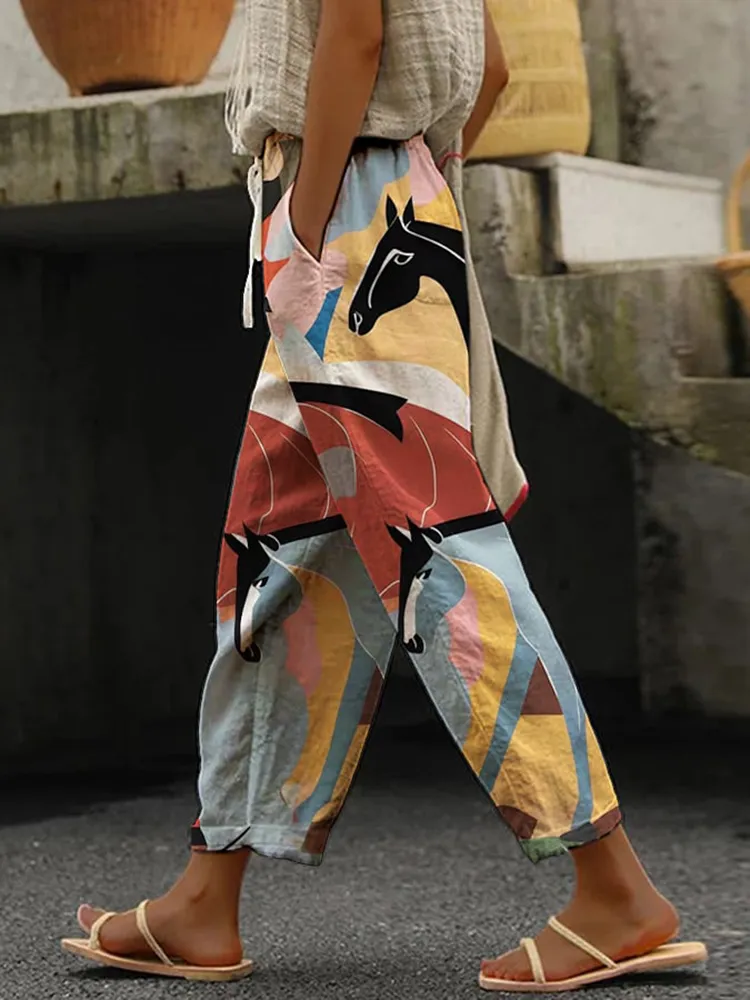 Women'S Multicolor Horse Printed Linen Blend Casual Pants