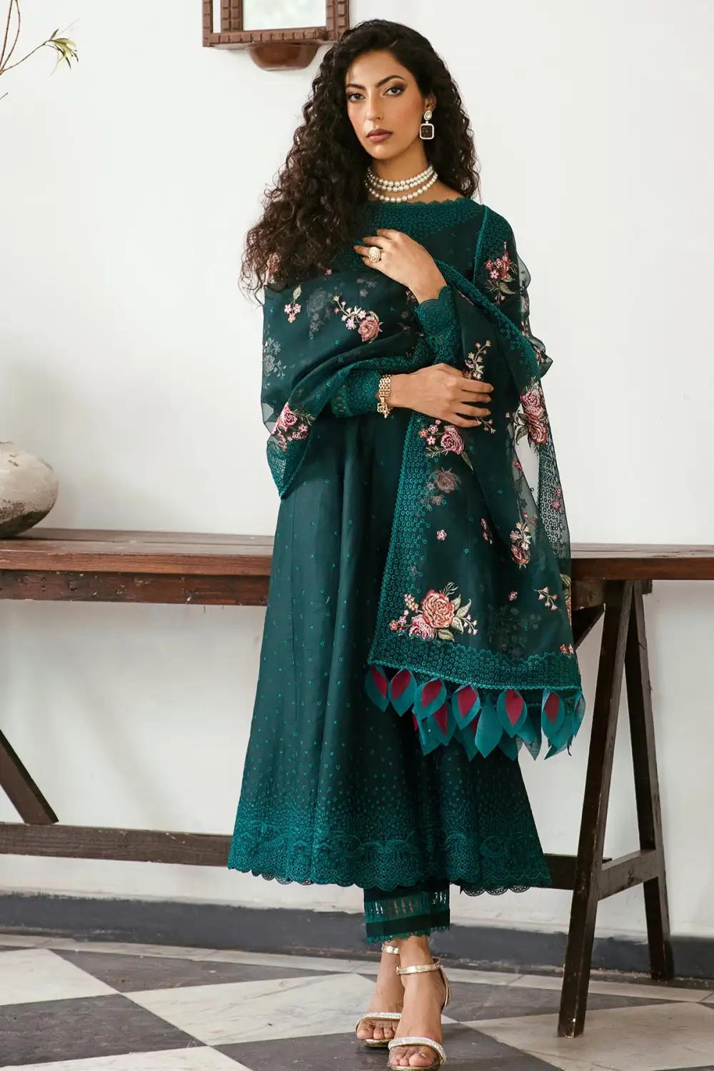 Green Gemstone Embroidered Lawn