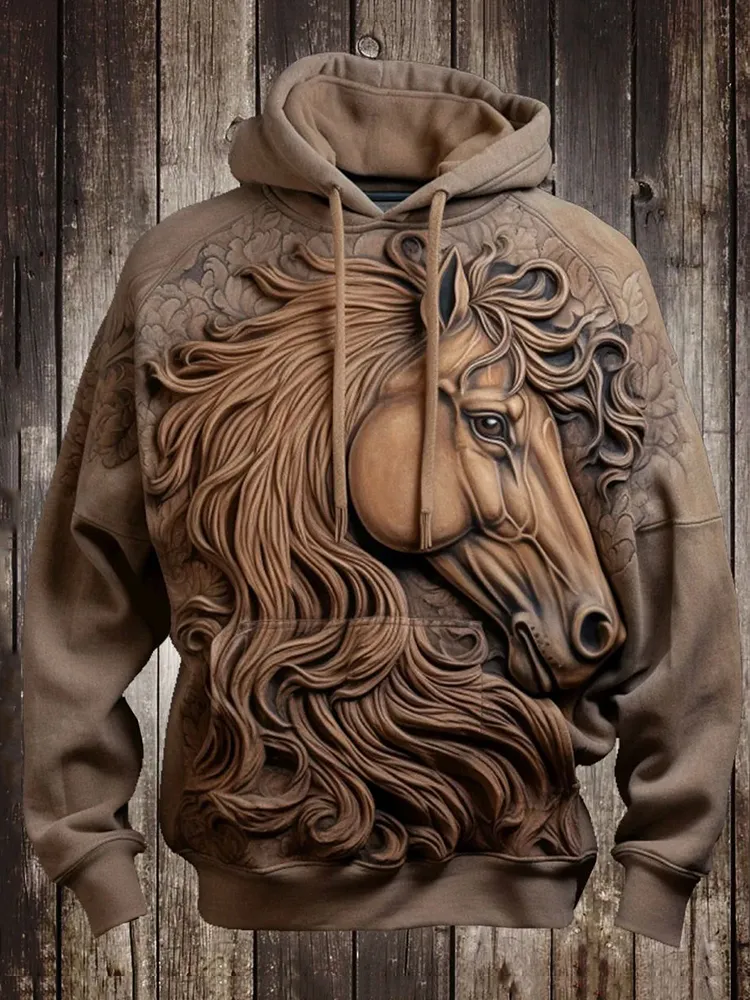 Vintage Western Horse Print Casual Long Sleeve Hoodie