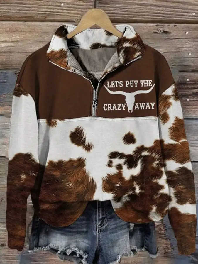 🔥HOT🔥Buy 3 Get 10% Off🔥Women's Western Let's Put the Crazy Away Print Zipper Collar Long Sleeve Sweatshirt