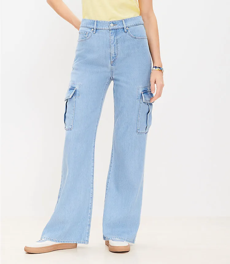 High Rise Wide Leg Cargo Jeans in Light Wash