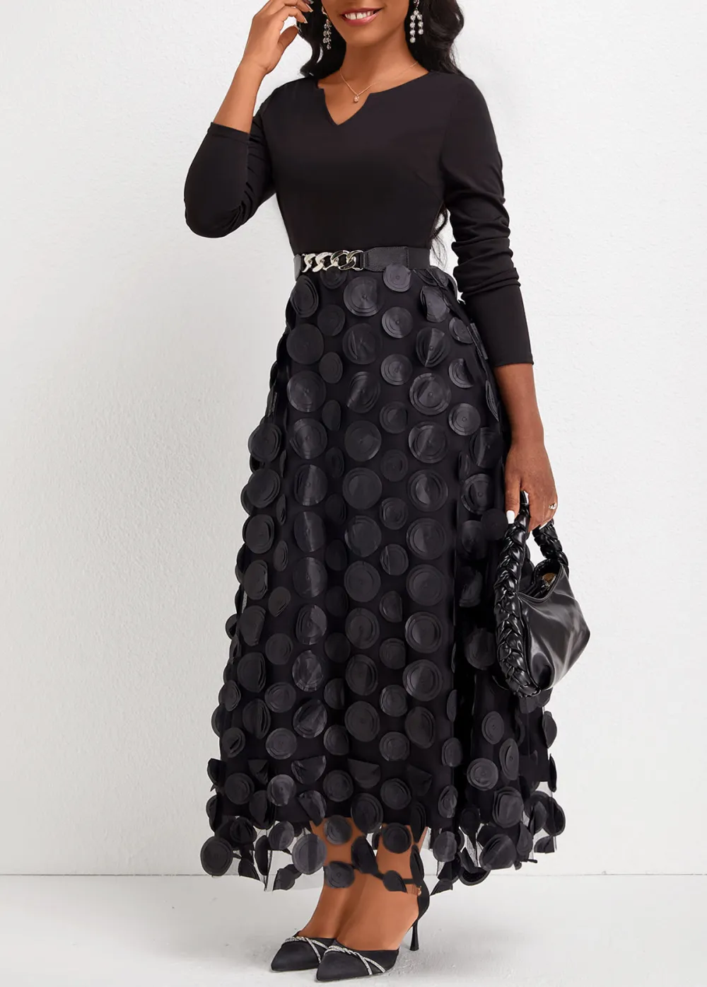 Patchwork Black Split Neck Long Sleeve Maxi Dress