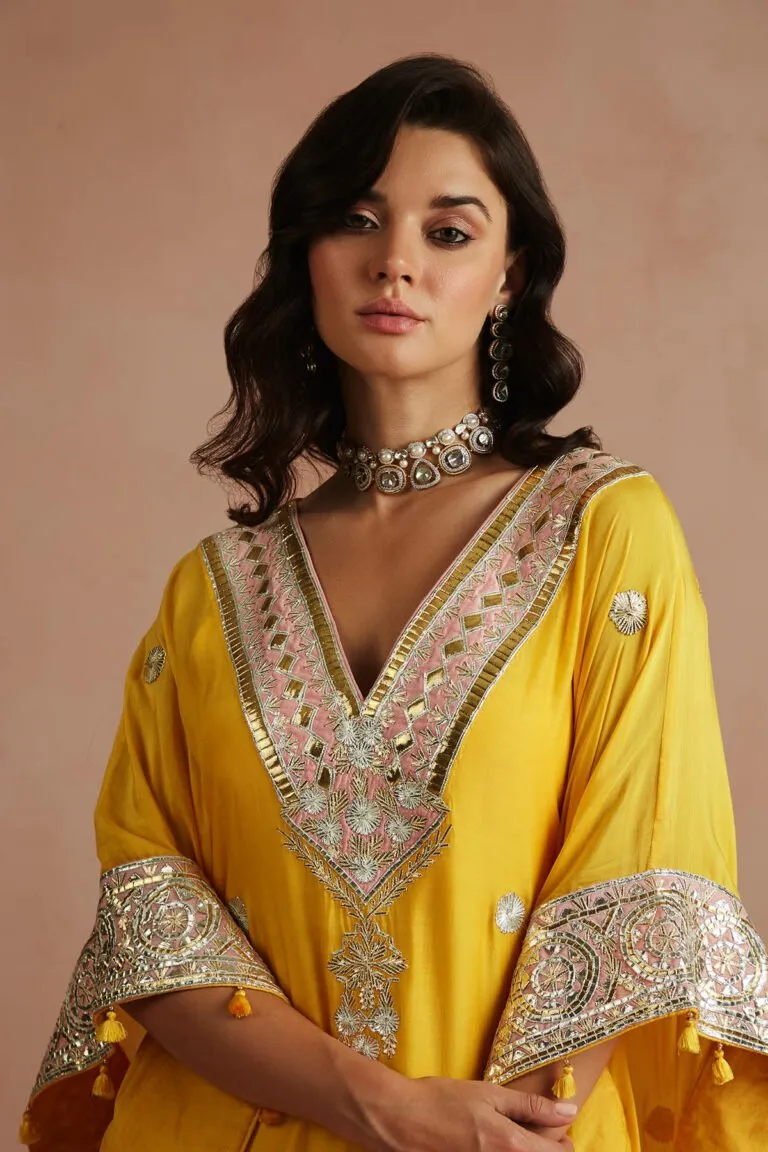 Yellow Gota Embroidered Kaftan