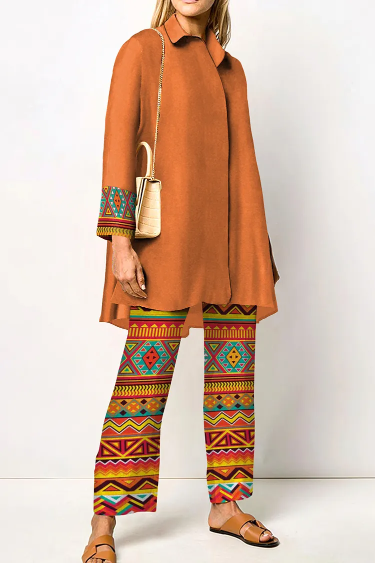 Ethnic Print Long Sleeve Two Piece Set