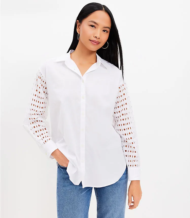 Eyelet Sleeve Cotton Blend Oversized Shirt