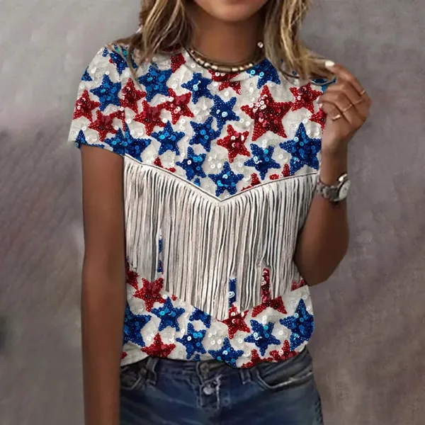 Women's American Flag Stars Glitter Sequin Tassel Print T-Shirt