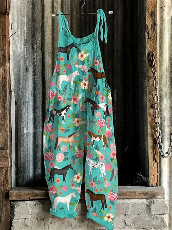 Western Horse & Floral Print Linen Blend Casual Jumpsuit