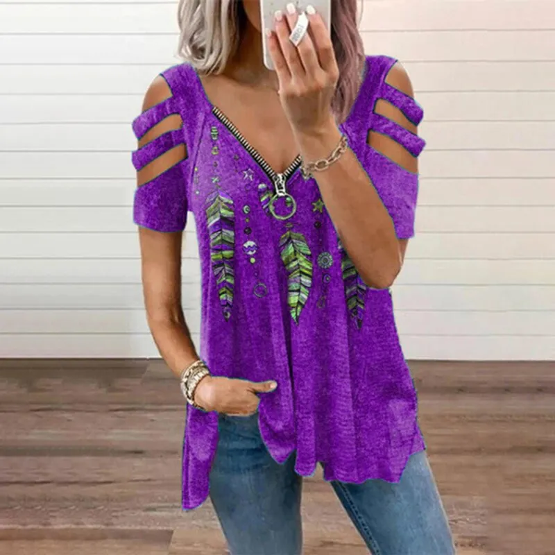 Cutout Feather Print Long Sleeve T-Shirt