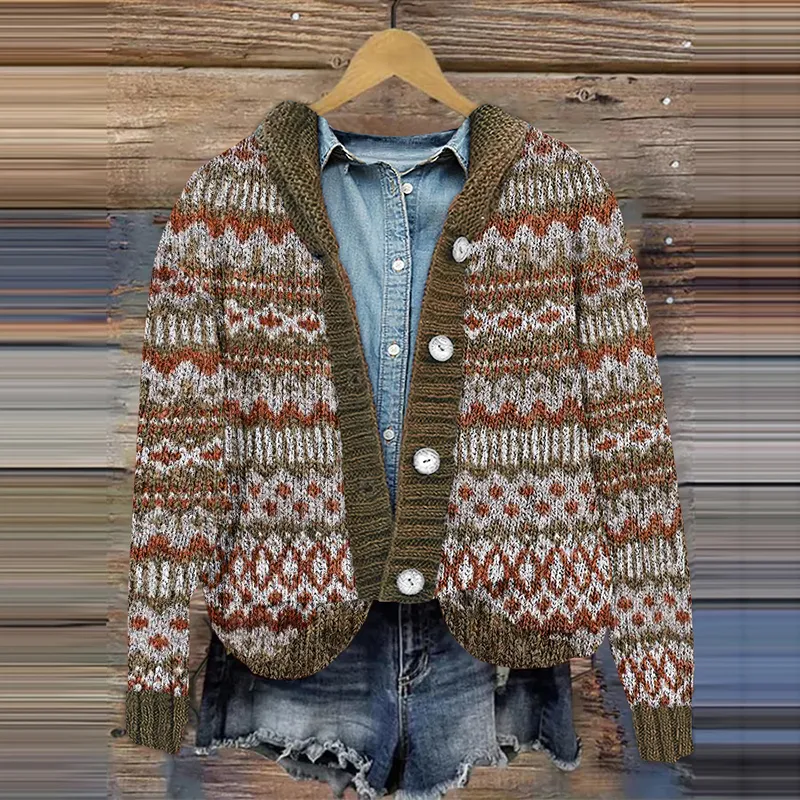 Vintage Knitted Geometric Print Button Hooded Cardigan