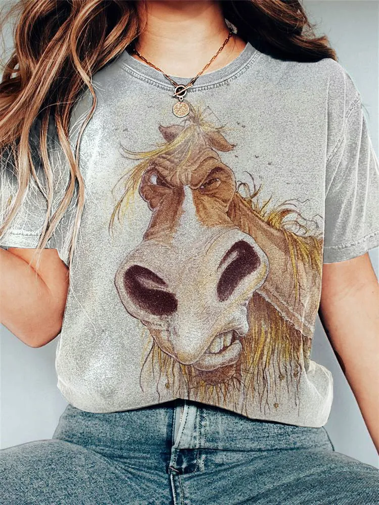 Funny Horse Print Casual Cozy Vintage T-Shirt