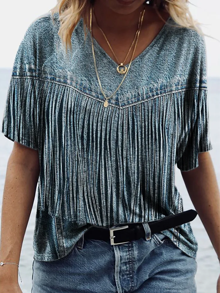 Vintage Denim Fringe V Neck T Shirt