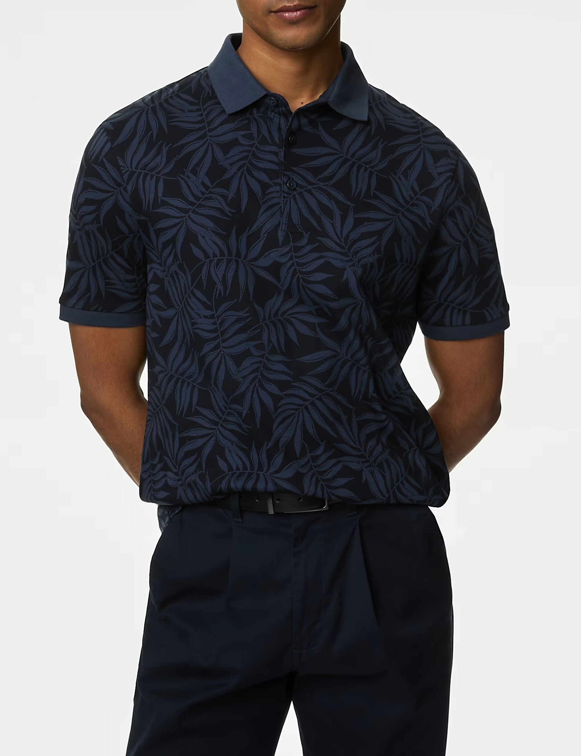 Pure Cotton Leaf Print Black Polo Shirt