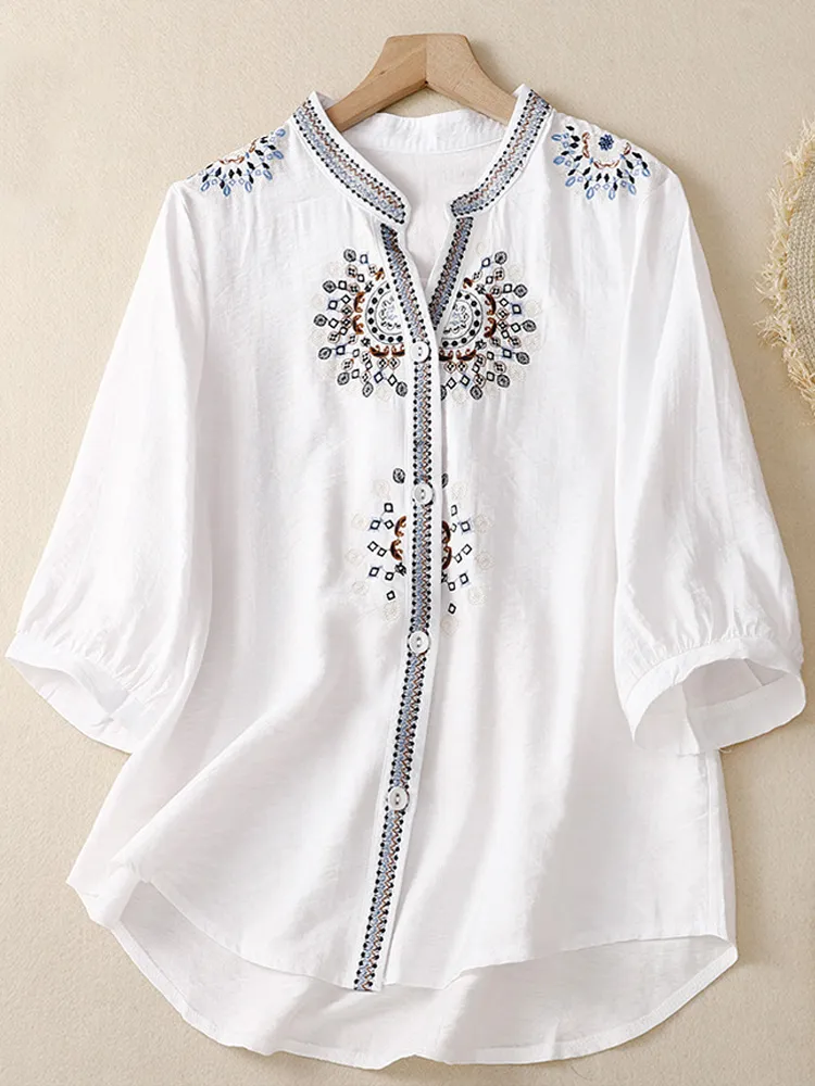 Women's Casual Retro Ethnic Style Embroidered Cotton Shirt