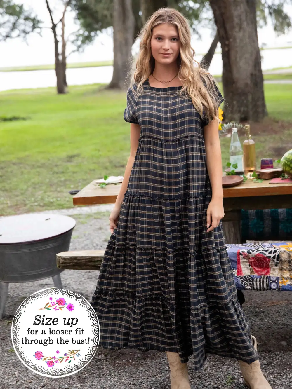 Plaid Berkley Maxi Dress - Navy Tan Plaid