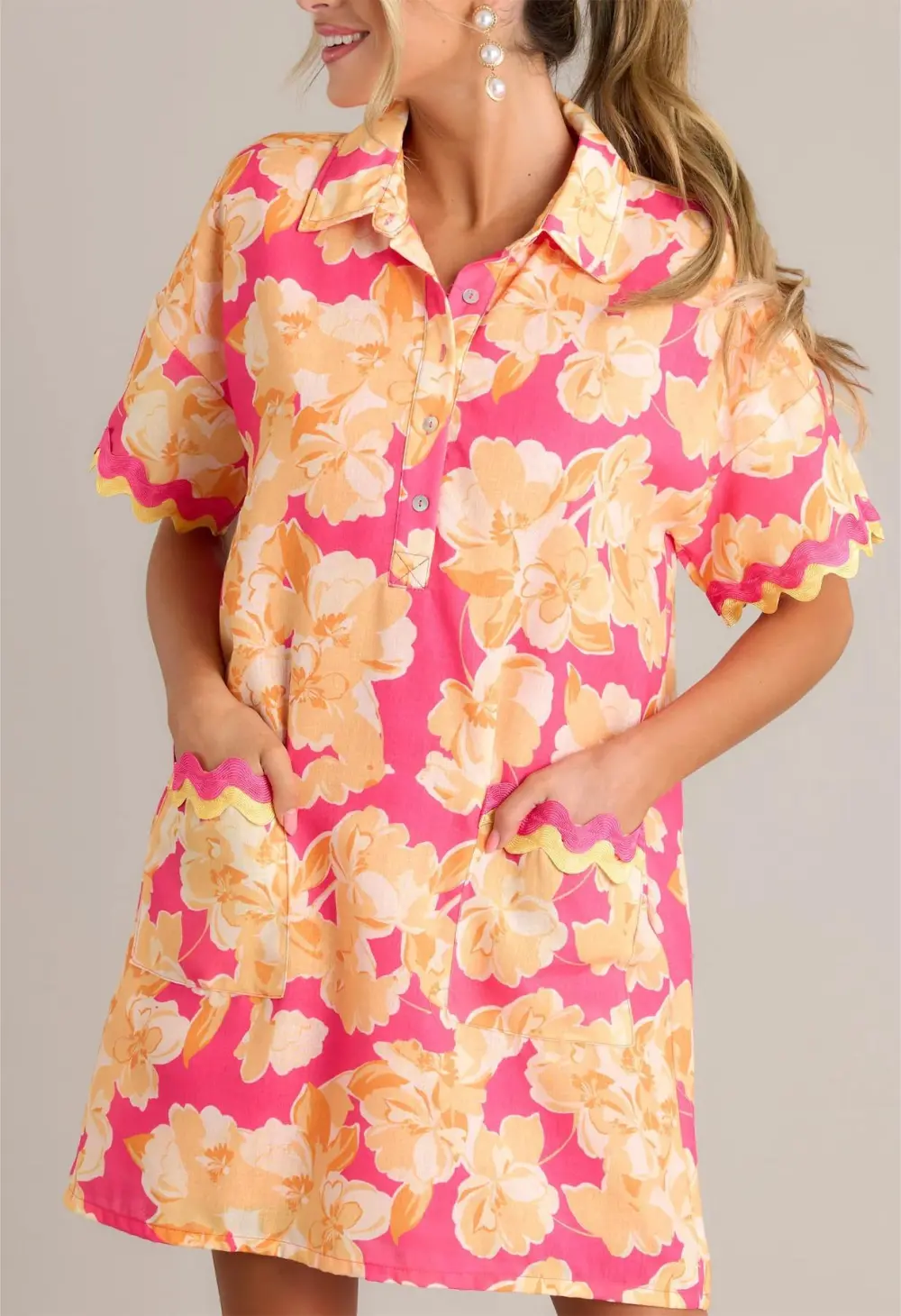 SEASIDE SERENITY PINK MULTI FLORAL MINI SHIRT DRESS