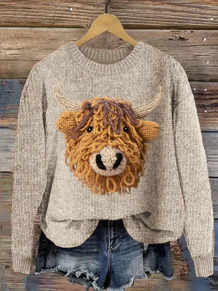 Highland Cow Casual Cozy Knit Sweater