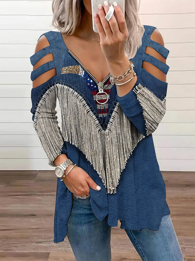 Western Tassels Printed Hollow Out Zip Up T-Shirt