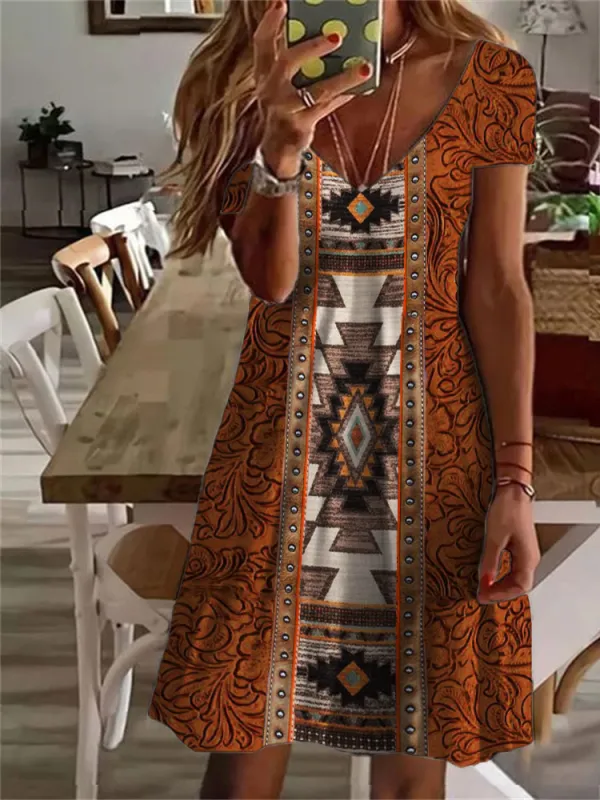 Aztec Floral Turquoise Leather Art V Neck Midi Dress