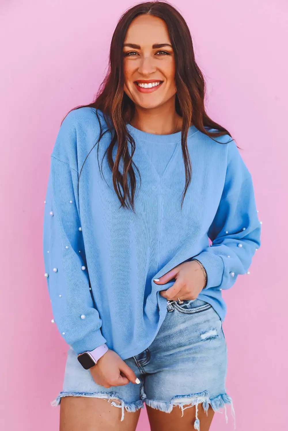 Myosotis Pearl Sleeves Ribbed Pullover Sweatshirt