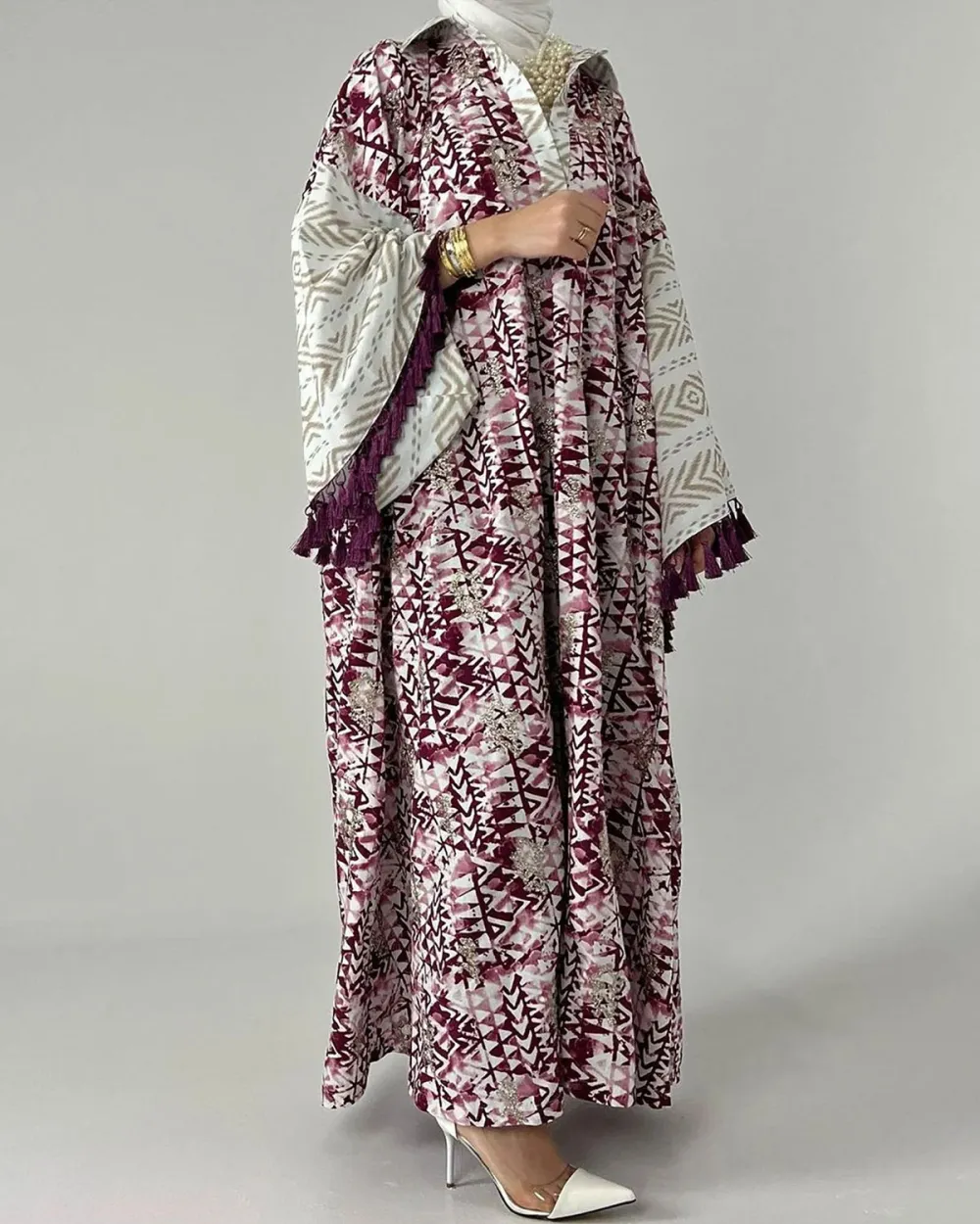 Pink Tassel Lapel Long Sleeve Printed Kaftan