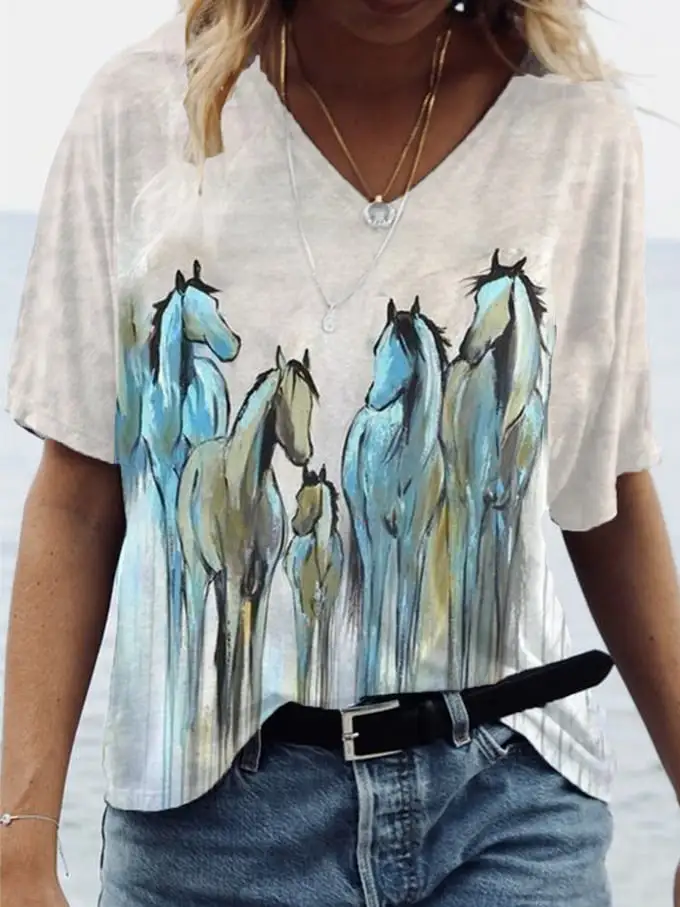 🔥Buy 3 Get 10% Off🔥Women's Western Retro Oil Painting Horse Print V-neck T-shirt