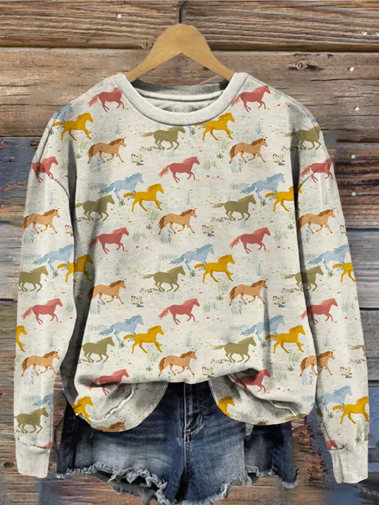 Colorful Wild Horse Pattern Crew Neck Comfy Sweatshirt