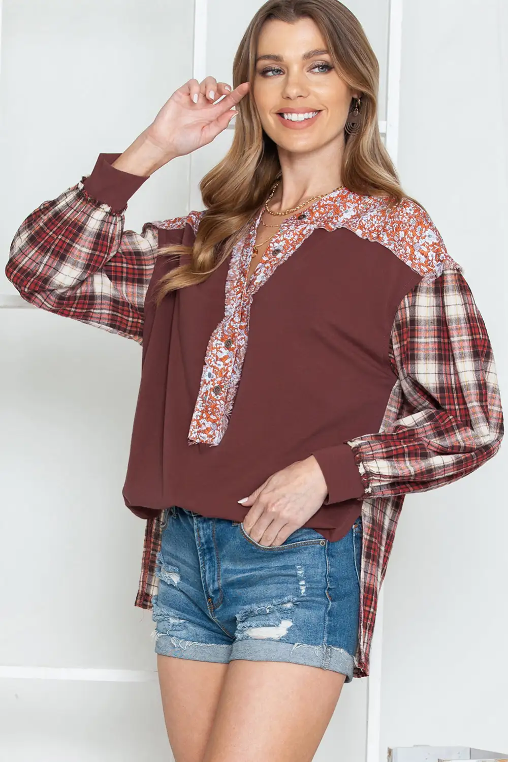 Yellow Floral Plaid Mixed Print Bishop Sleeve Patchwork Top