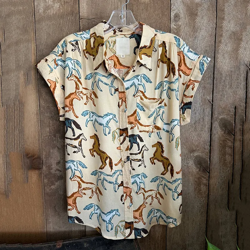 Unisex Vintage Horse Designs Print Casual Shirt